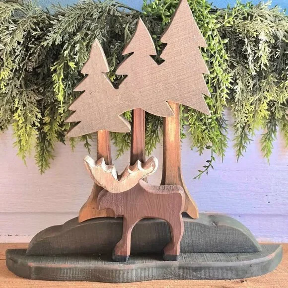 Wood Moose Tree Silhouette Figure Primitive Cabin Decor - Picture 1 of 5